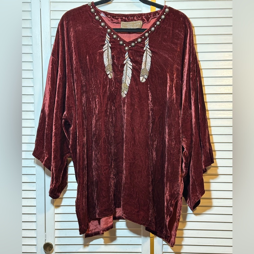 Double D Ranch Burgundy Velvet Tunic with Feather Details